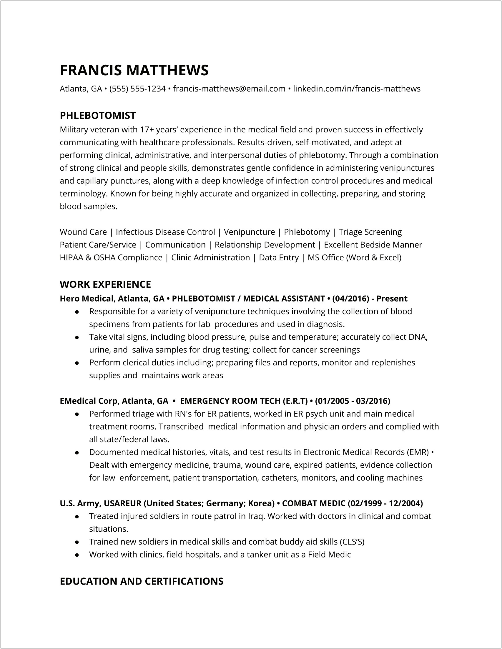 Health Care Experience For Testing Resume