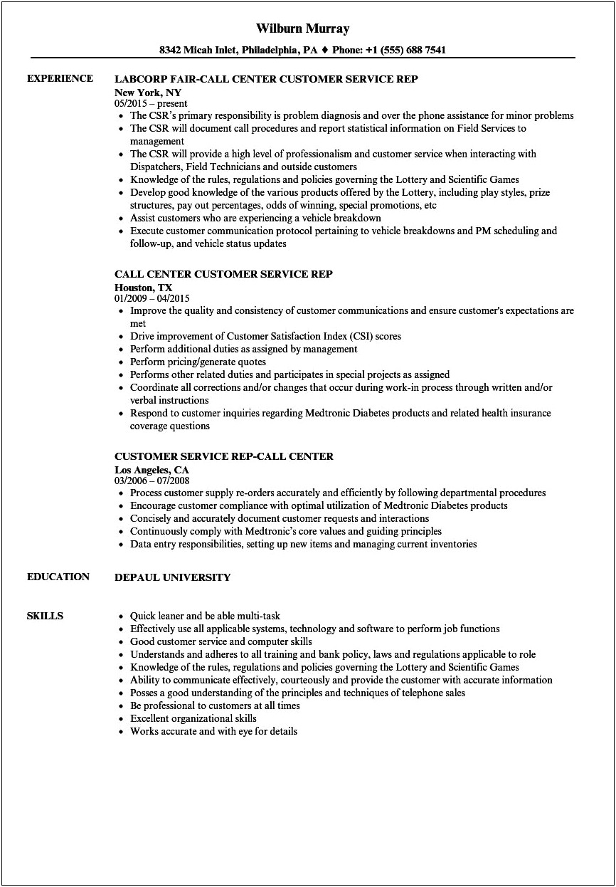 Health Insurance Call Center Resume Sample