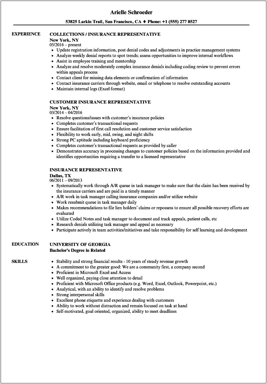 Health Insurance Customer Service Representative Resume Examples