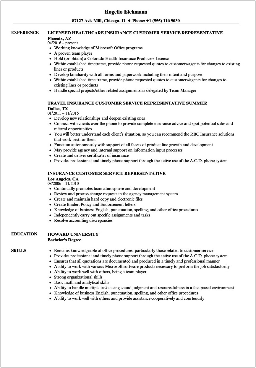 Health Insurancecustomer Service Representative Job Description For Resume