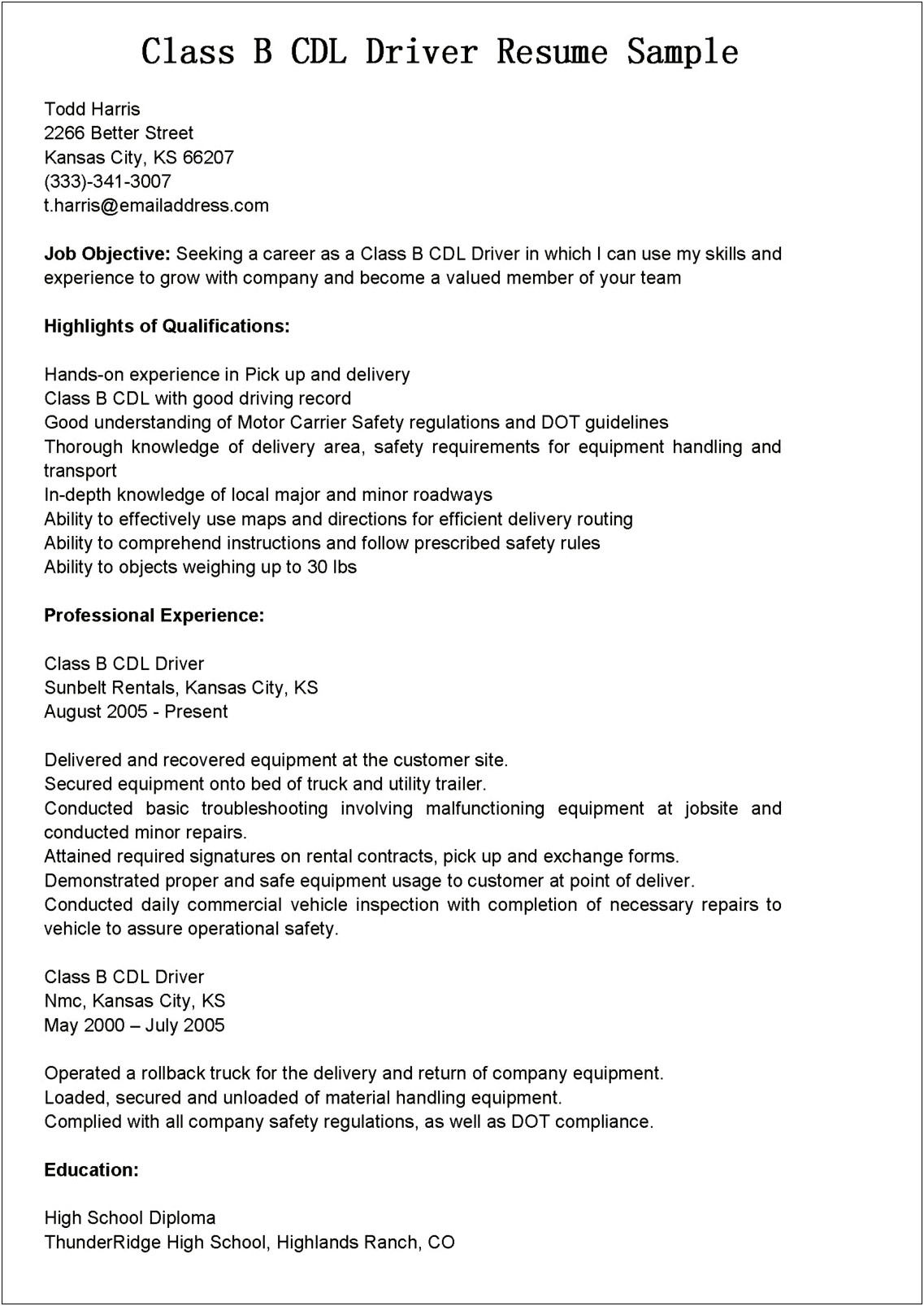 Heavy Truck Driver Objectives For Resume