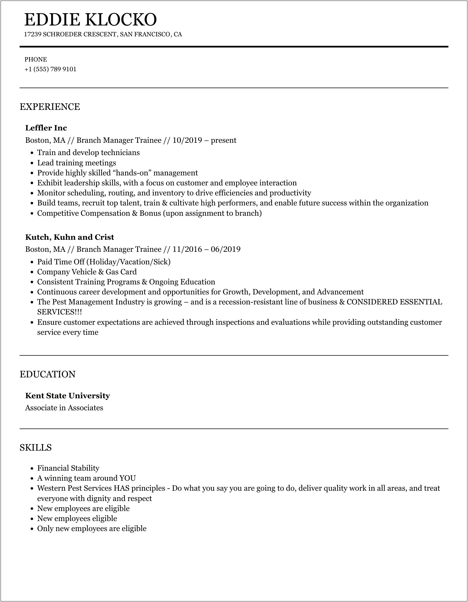 Hertz Branch Manager Trainee Resume Job Description