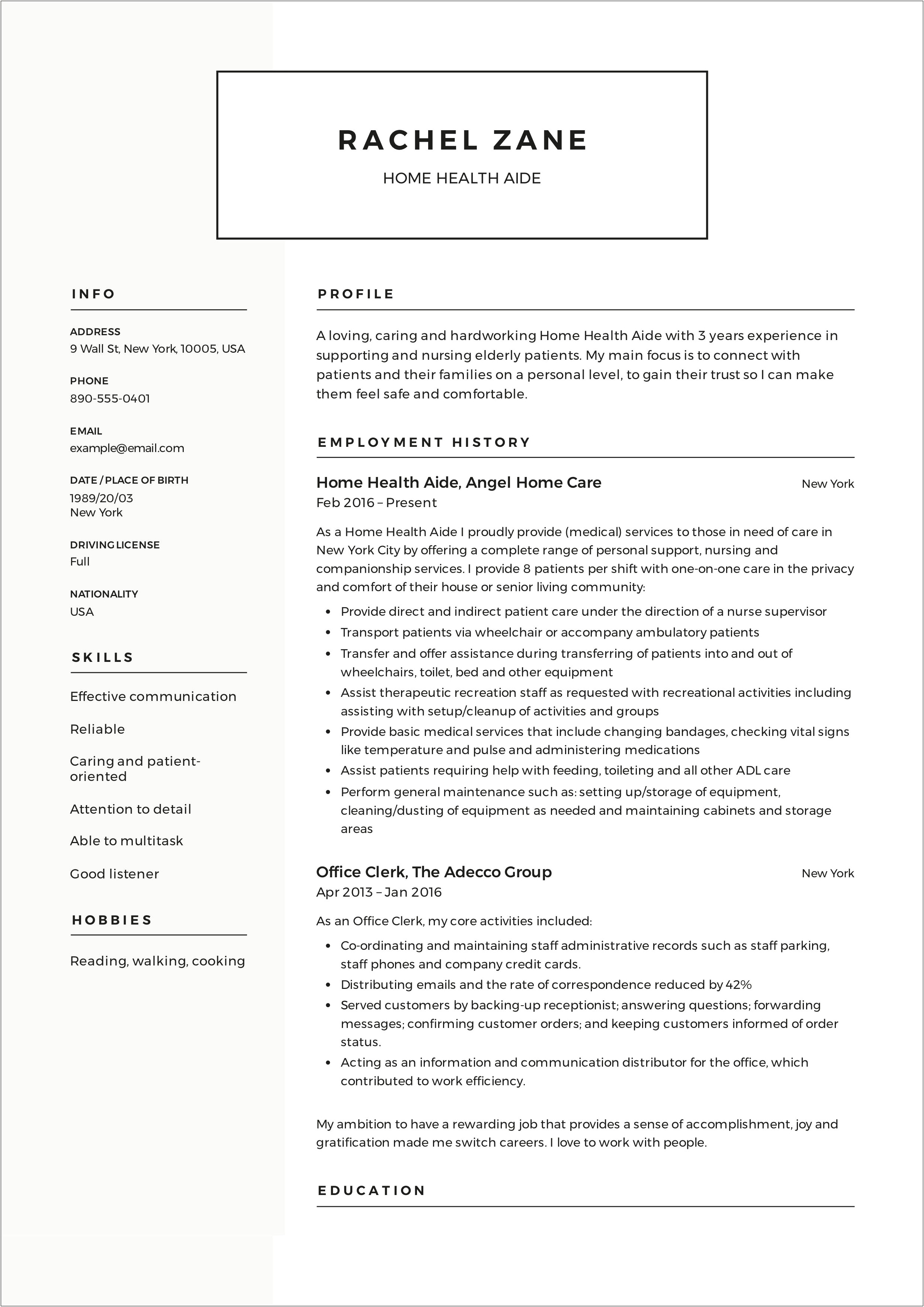 Hha And Personal Care Resume Samples