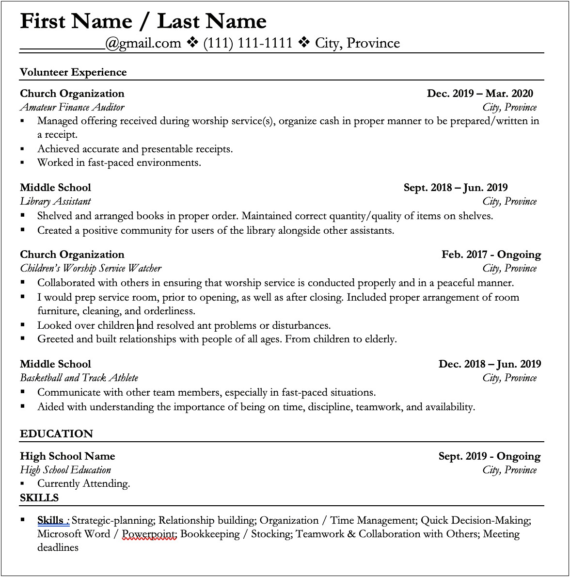 High School 16 Year Old Resume