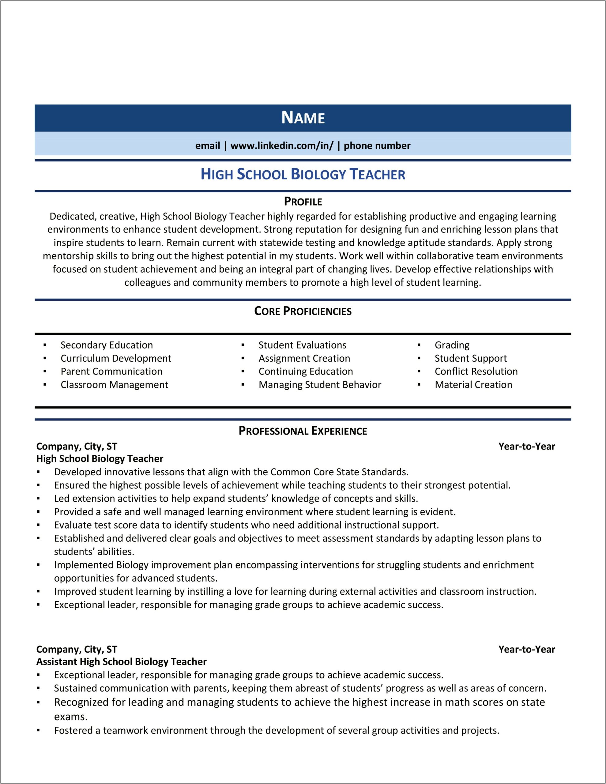 High School Biology Teacher Resume Pdf