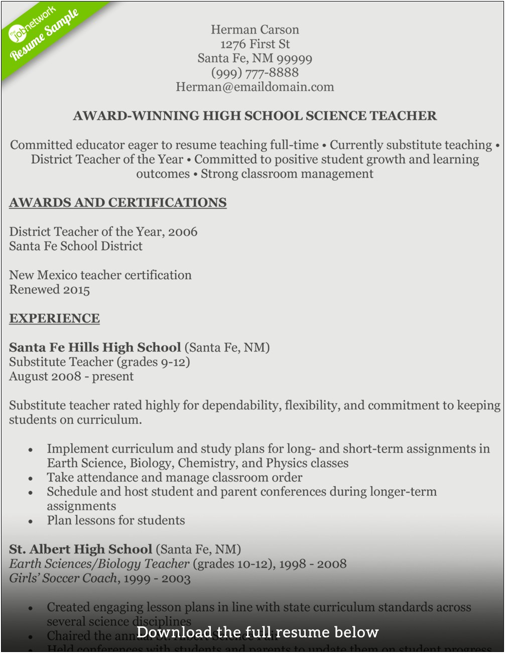 High School Chemistry Teacher Resume Samples