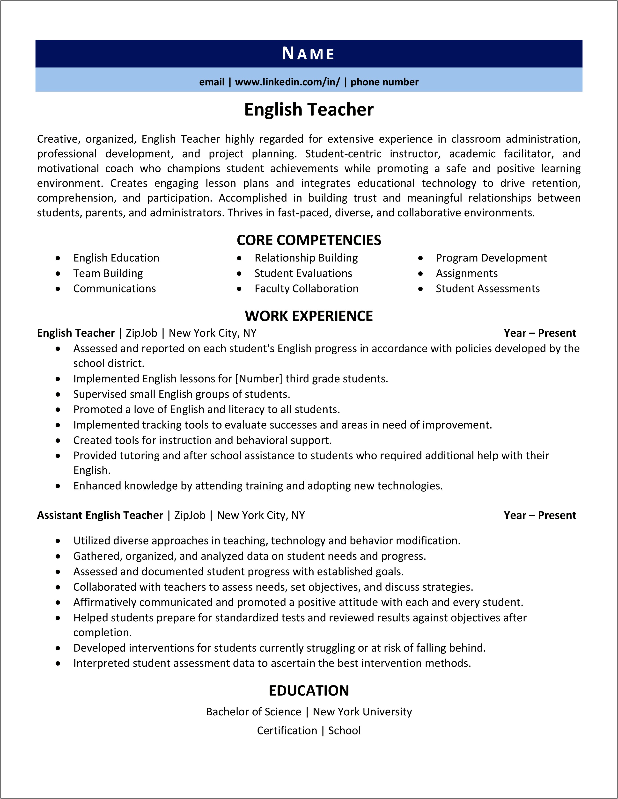 High School English Teacher Resume Samples