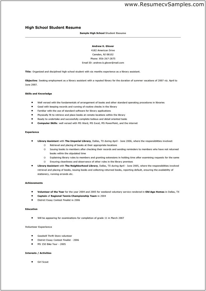 High School Graduate Resume With Work Experience