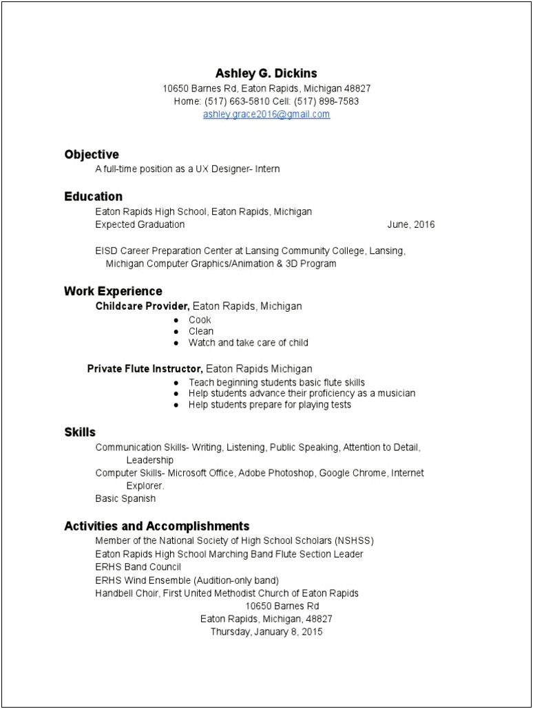 High School Marching Band Section Leader Resume