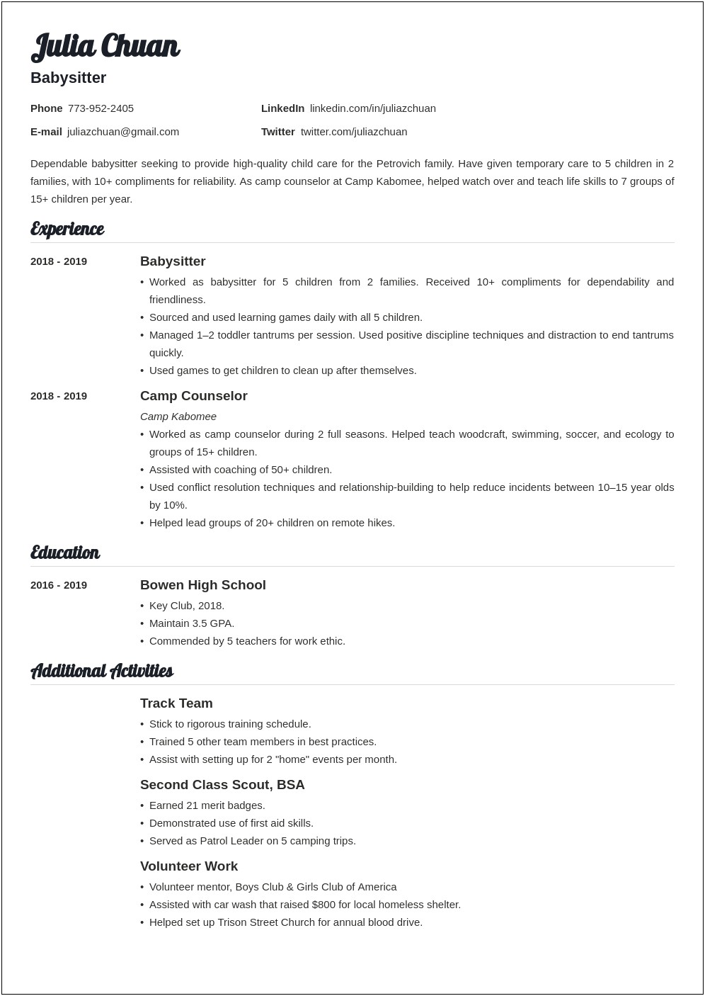 High School Resume Ecommunity Service Examples