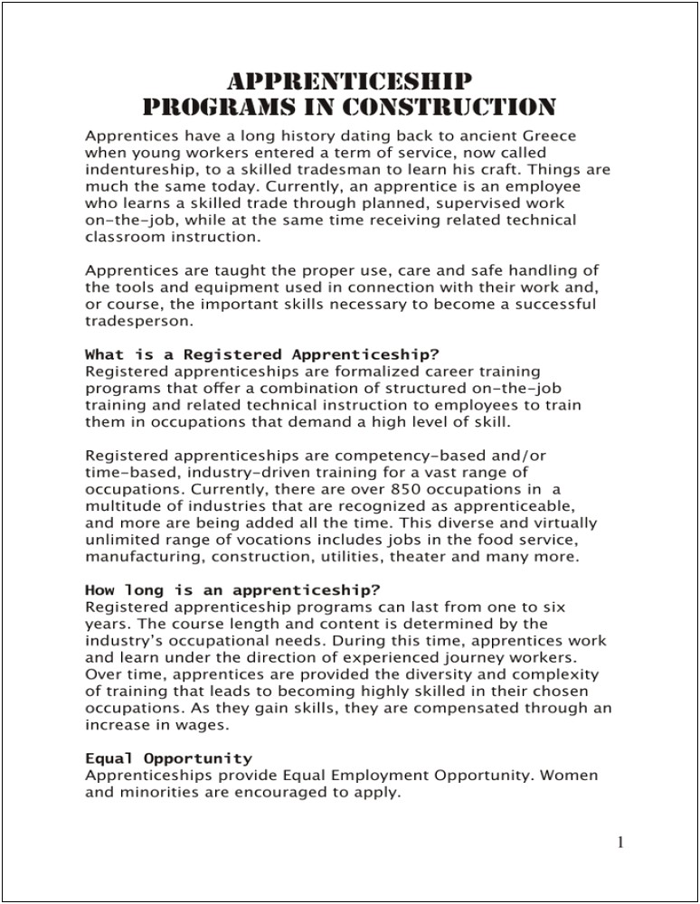 High School Resume For Contruction Appretiship