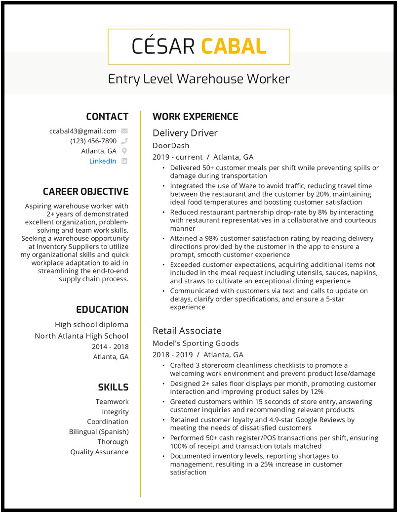 High School Resume Objective For Warehouse