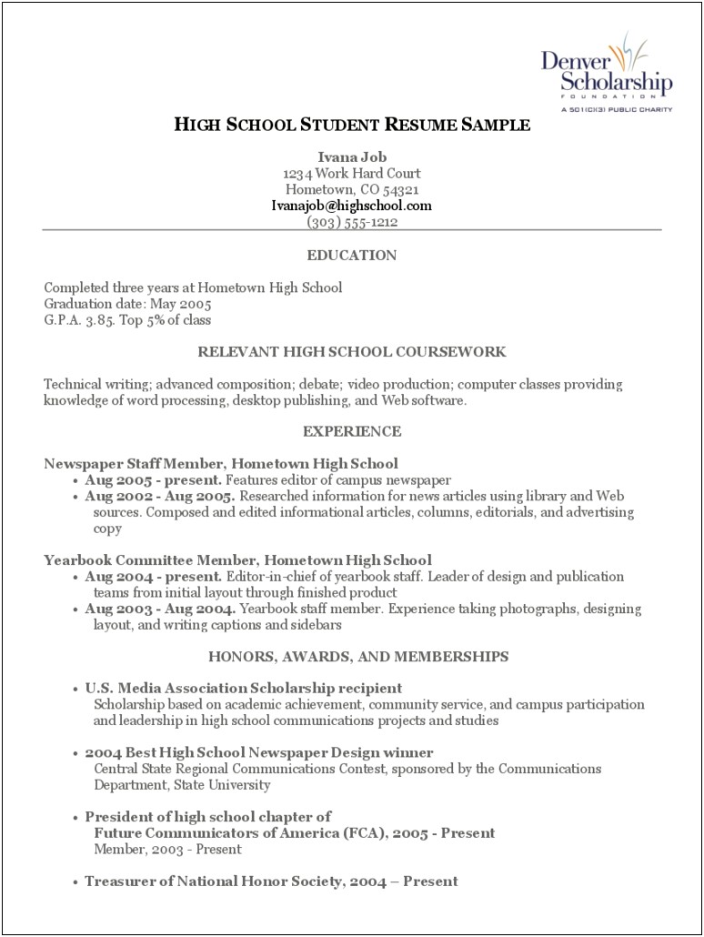 High School Resume Summary Examples Pdf