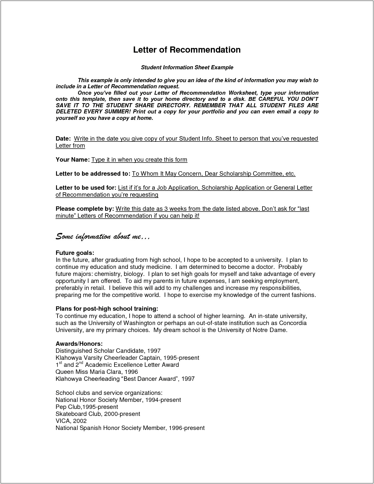 High School Resume Template For Recommendation Letter