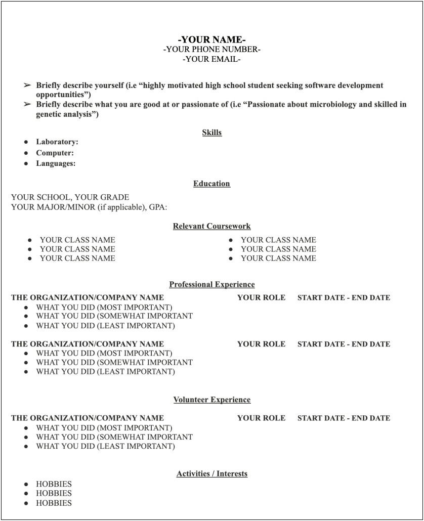 High School Resume Template With No Work Experience