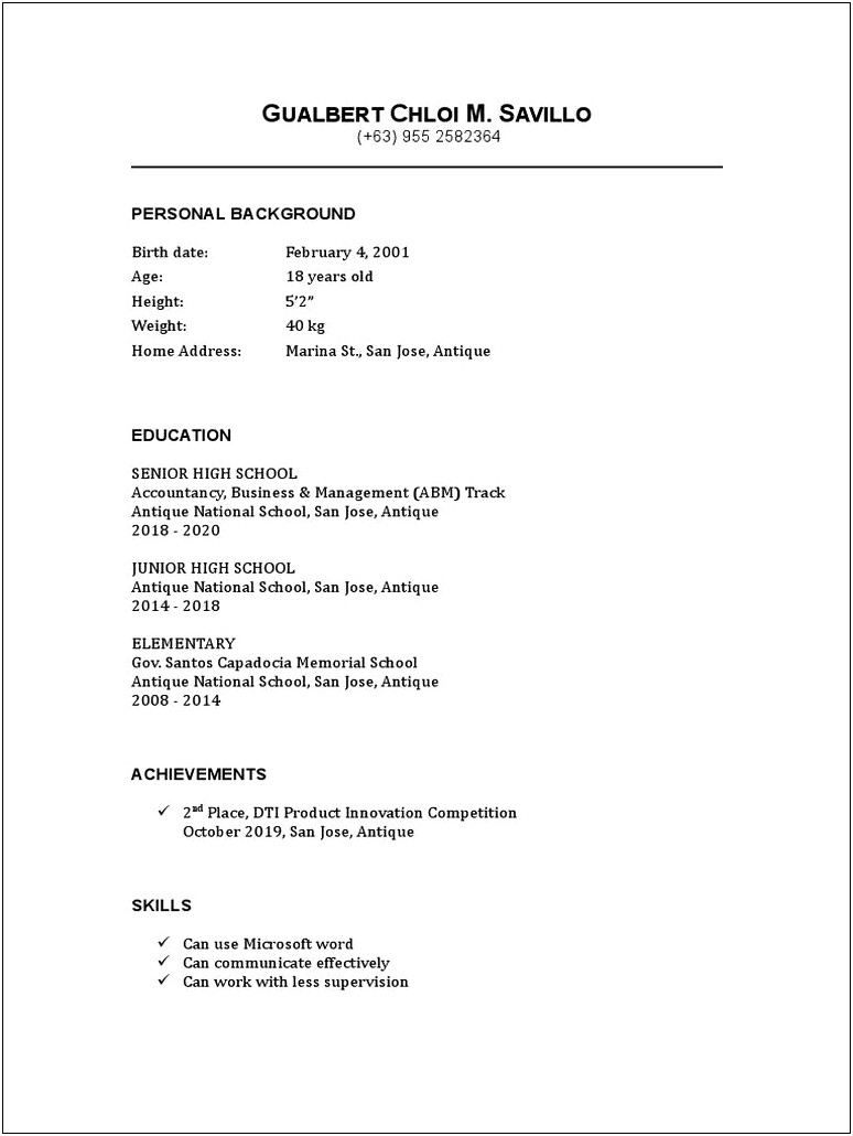 High School Resume With No Work Experience Sample