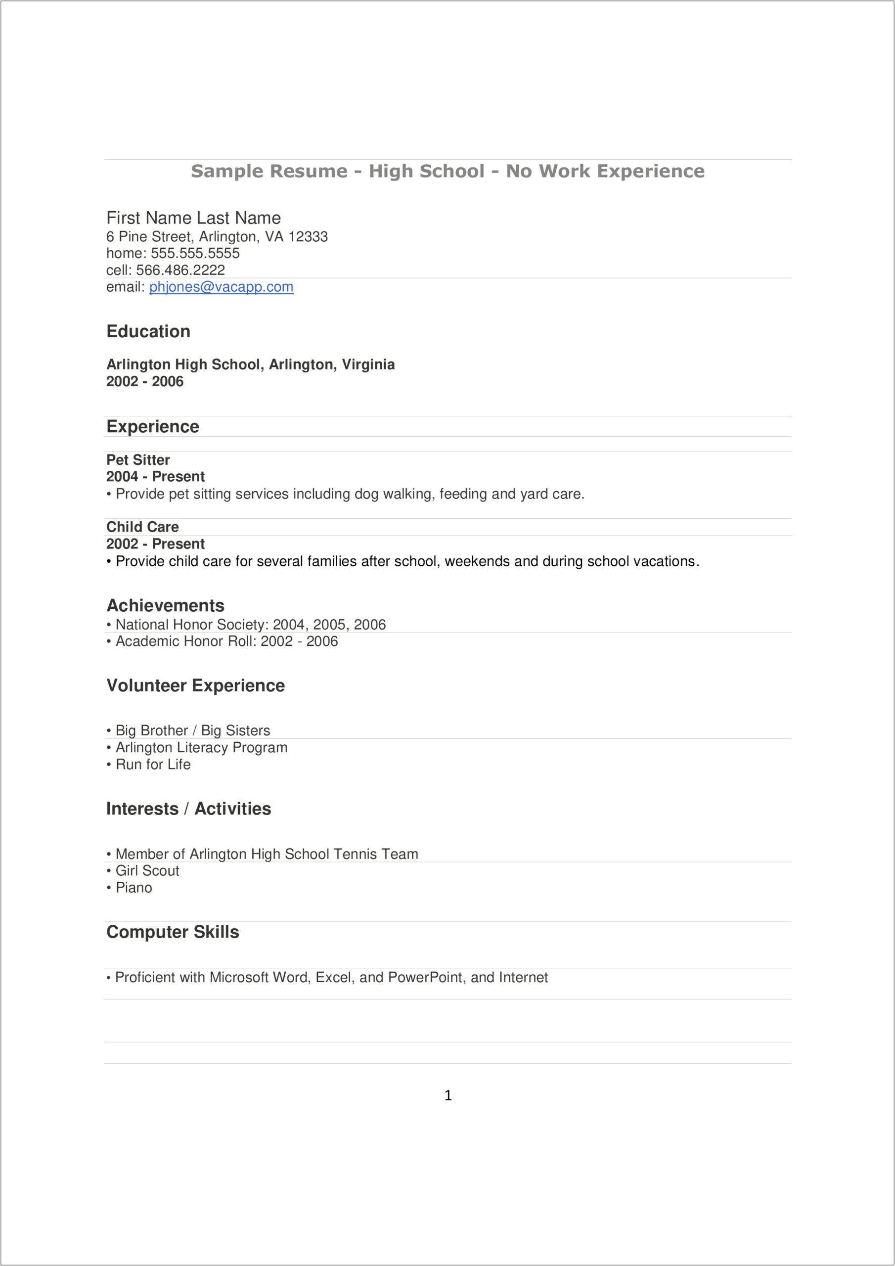 High School Resume With No Work History