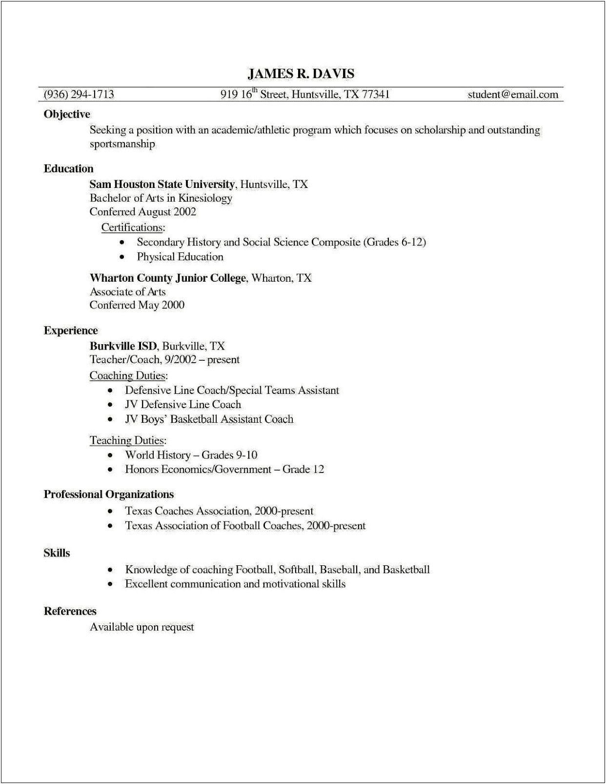 High School Softball Coach Resume Samples