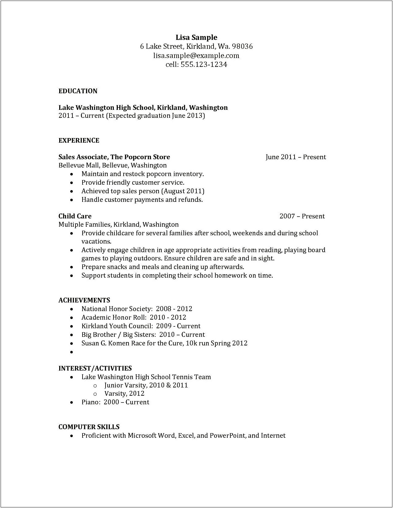 High School Student Npo Experience Resume