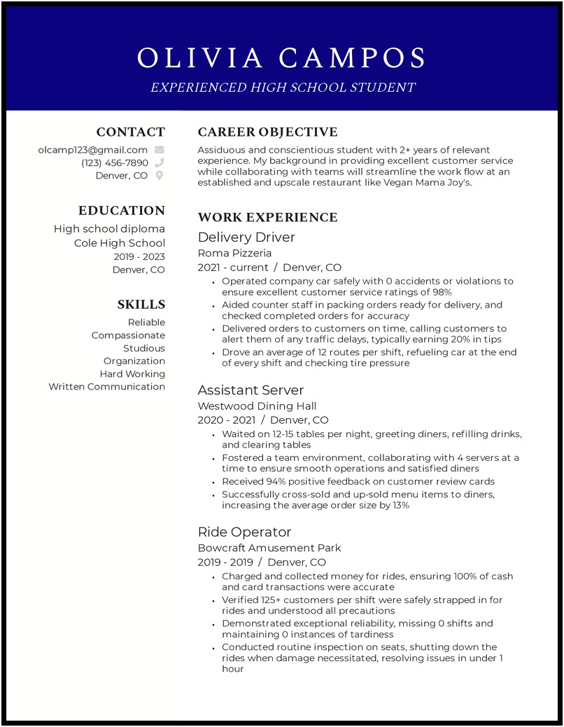 High School Student Profile For Resume