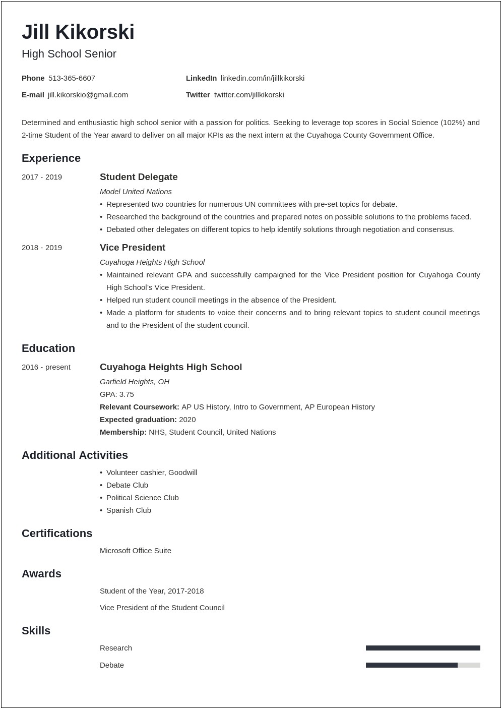 High School Student Resume Example Science