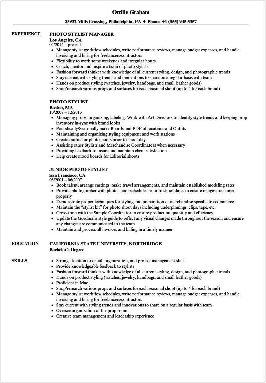 High School Student Resume For Fashion Stylist