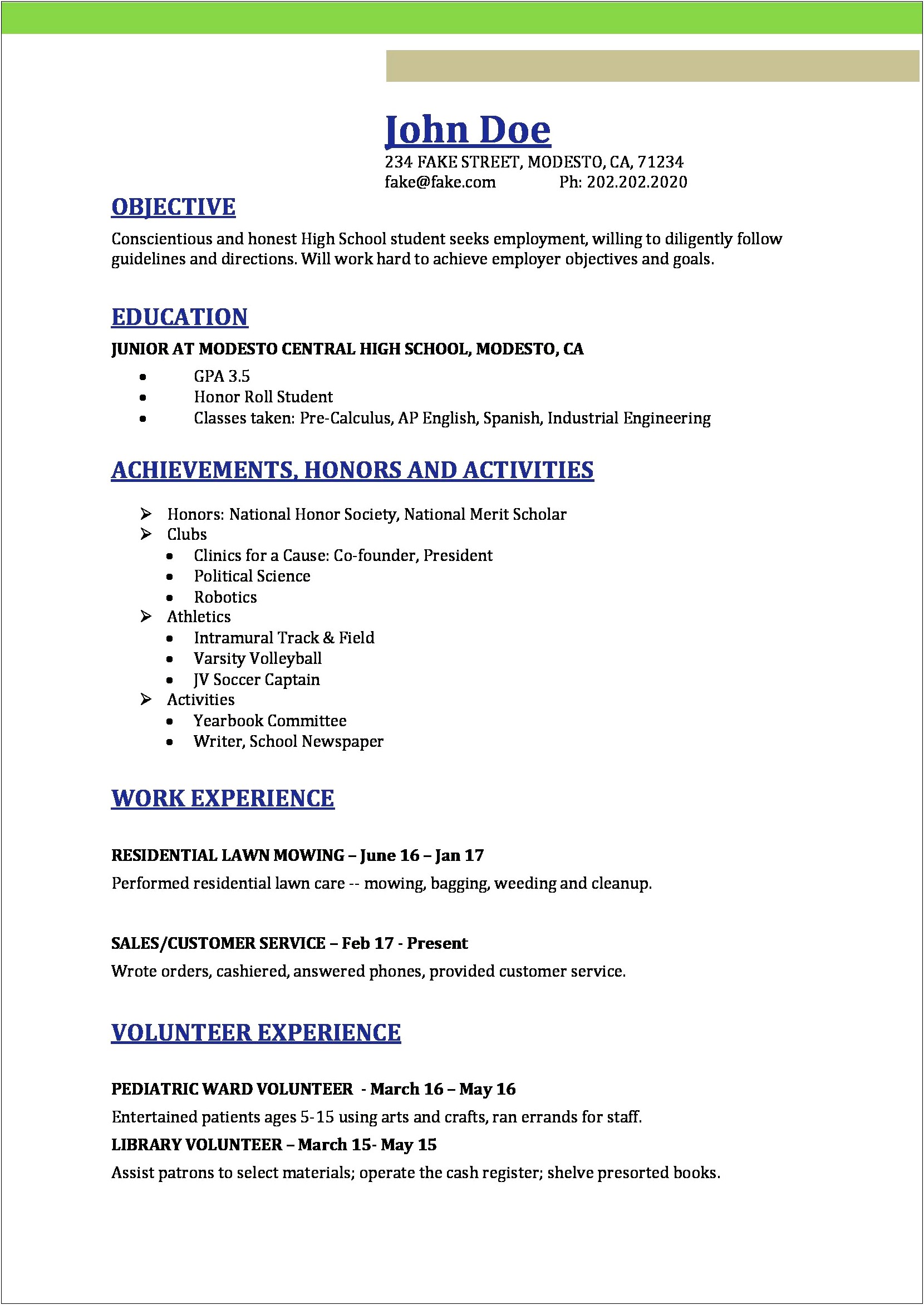 High School Student Resume Objective Customer Service