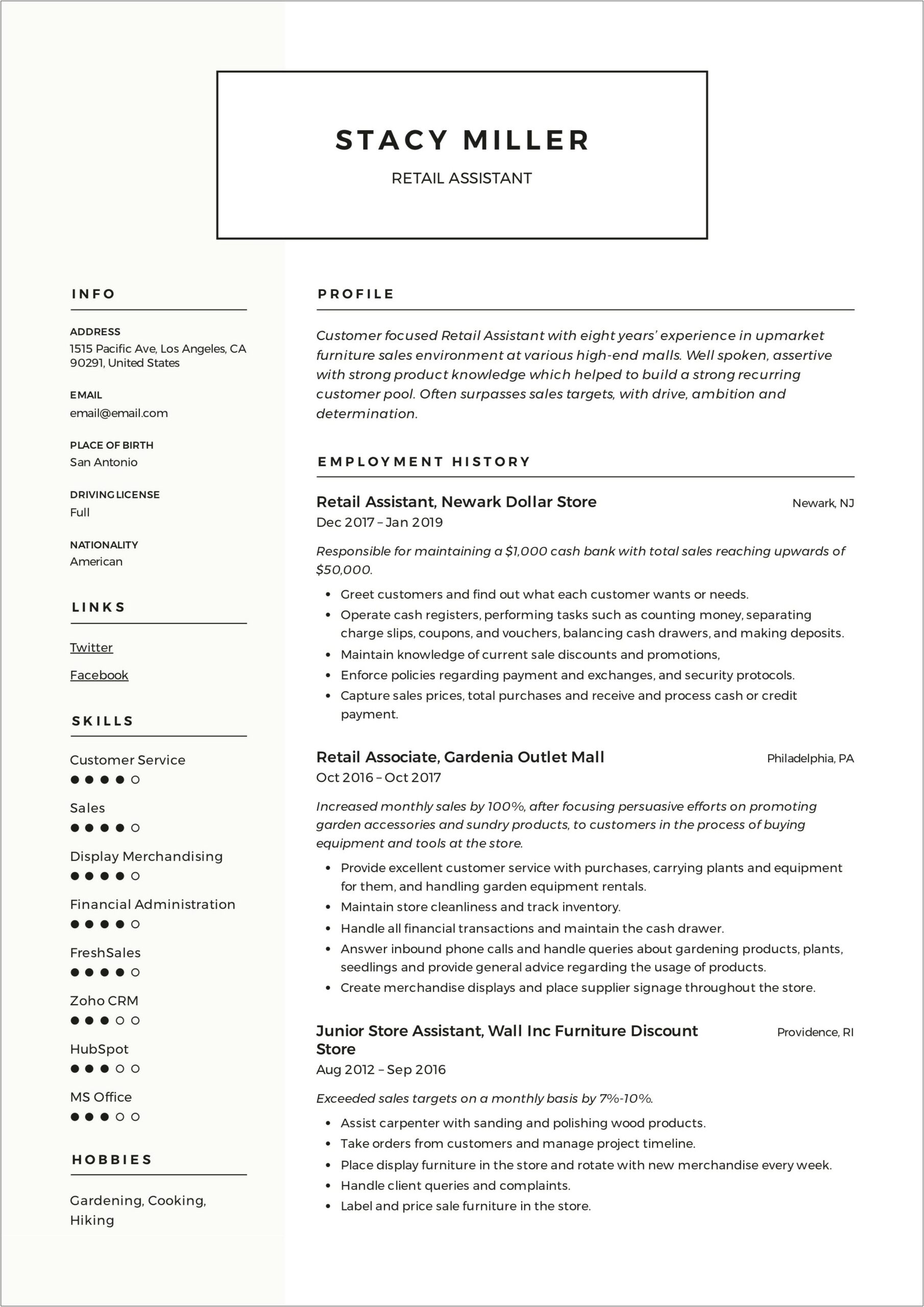 High School Student Resume Objective For Retail