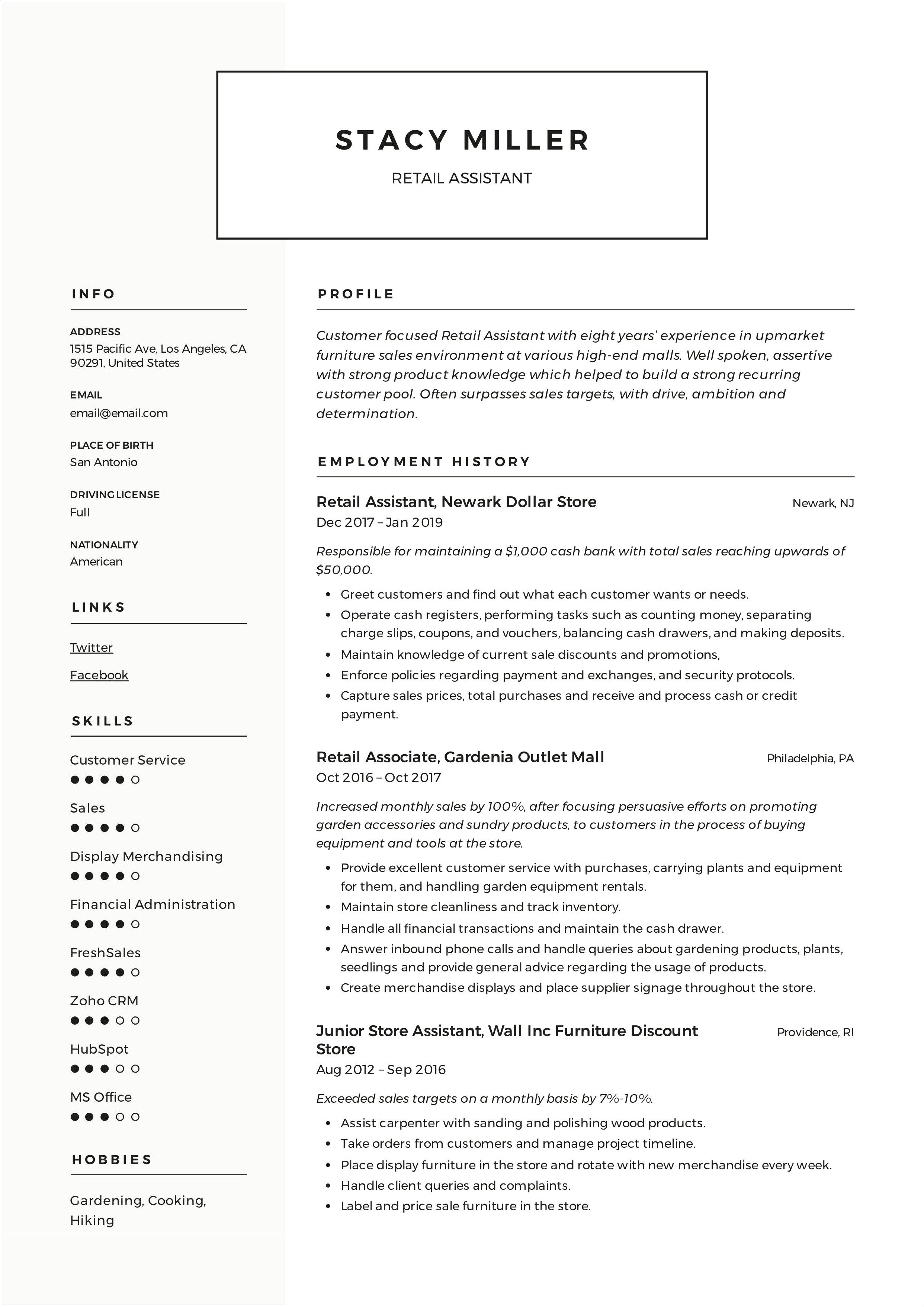 High School Student Resume Objective For Retail