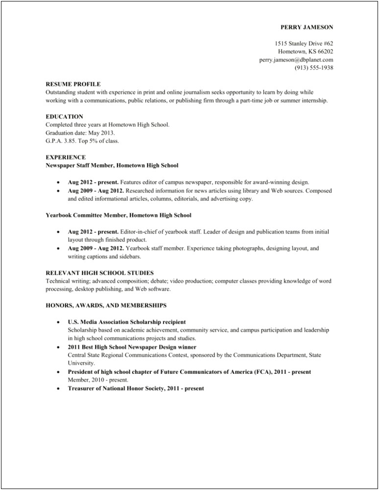 High School Student Resume Profile Examples