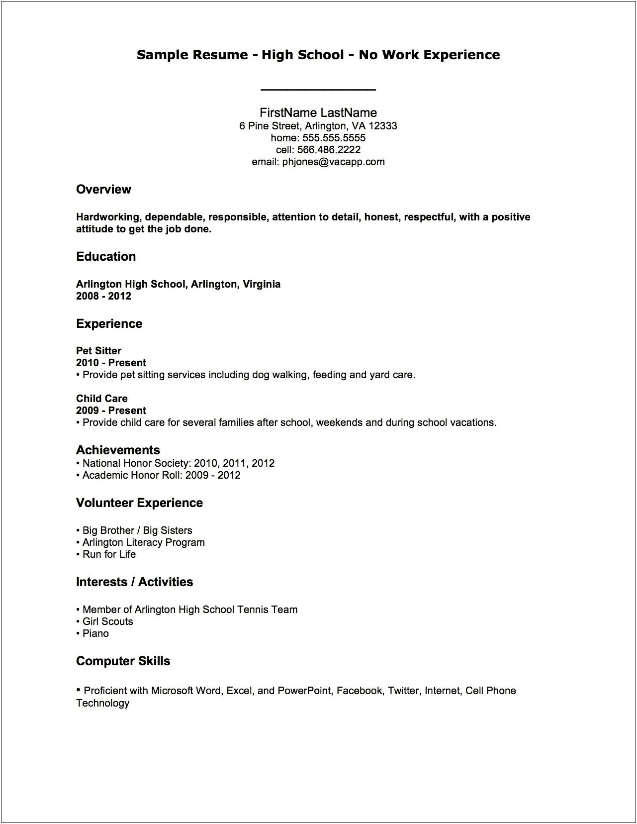 High School Student Resume Template Canada