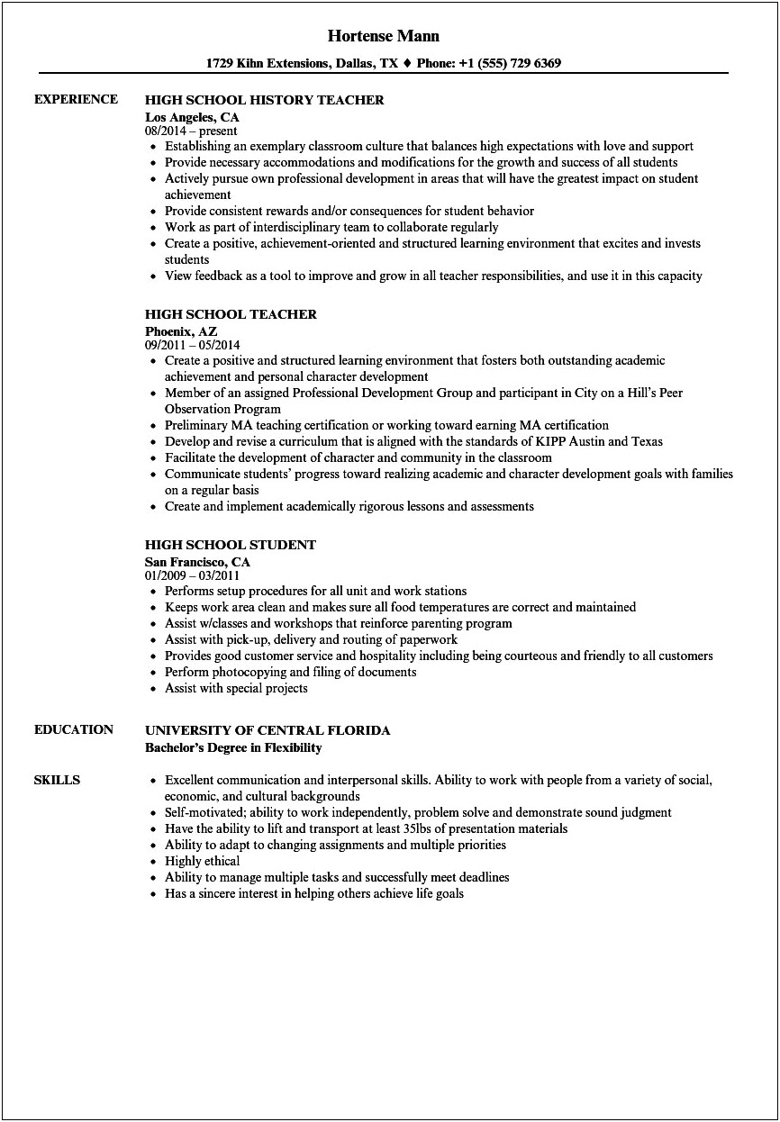 High School Student Sample Resume Objective