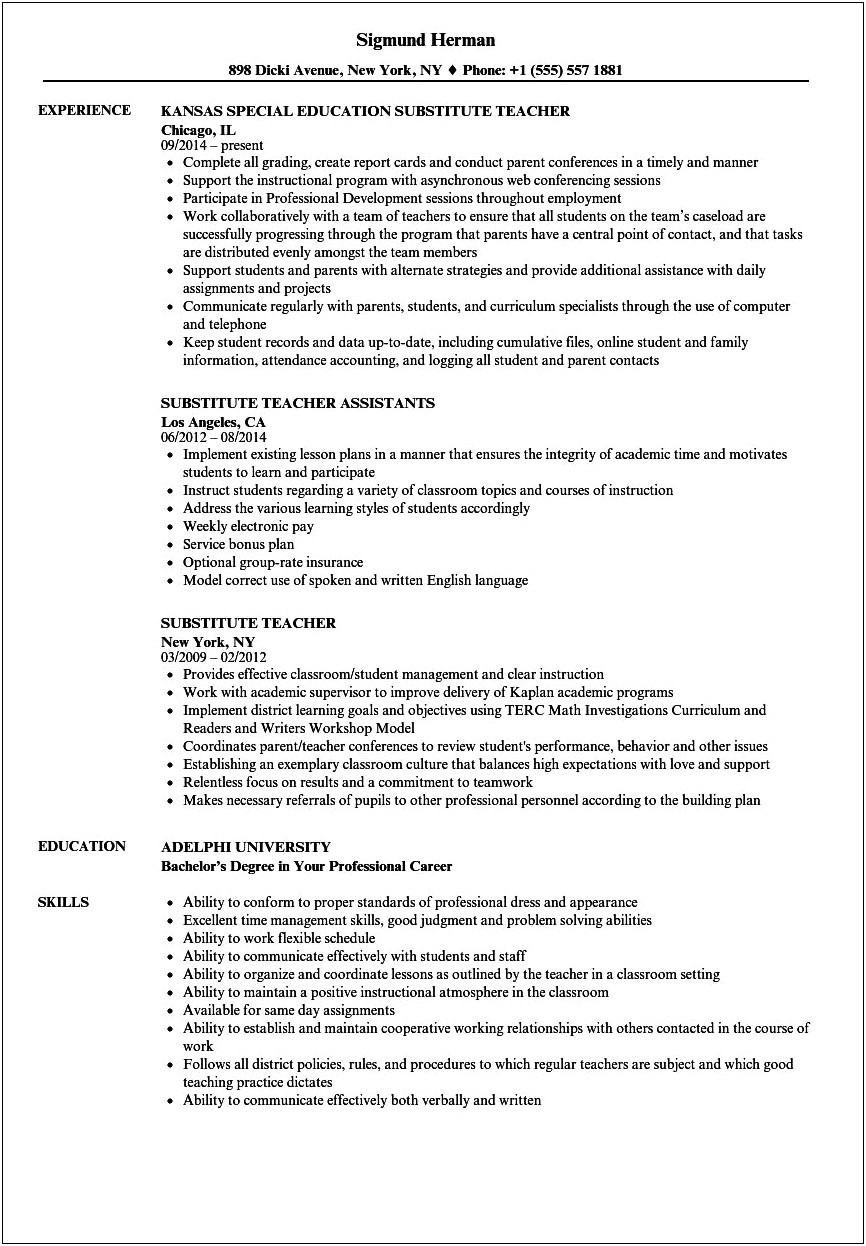 High School Substitute Teacher Resume Bullet Points