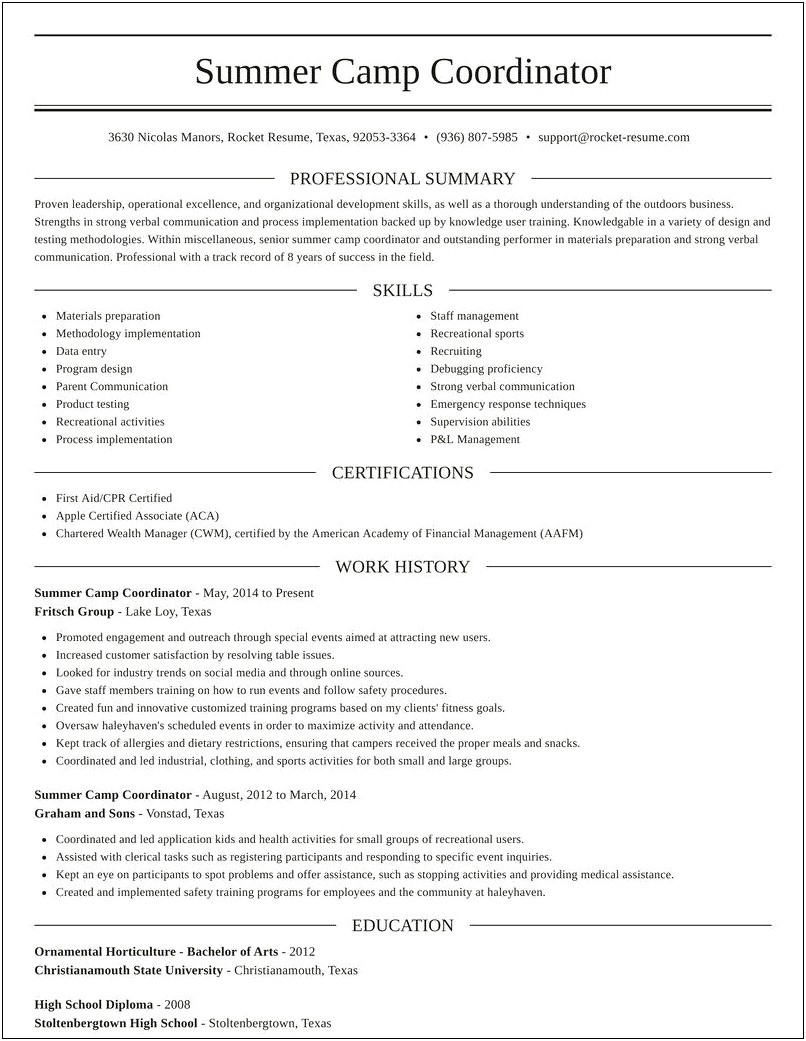 High School Sumer Camp Coordinator Resume Sample