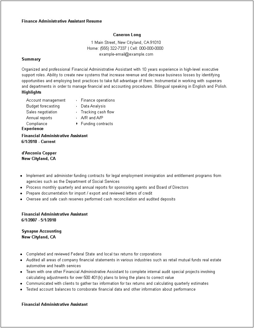 Highlights And Skills On Executive Assistant Resume