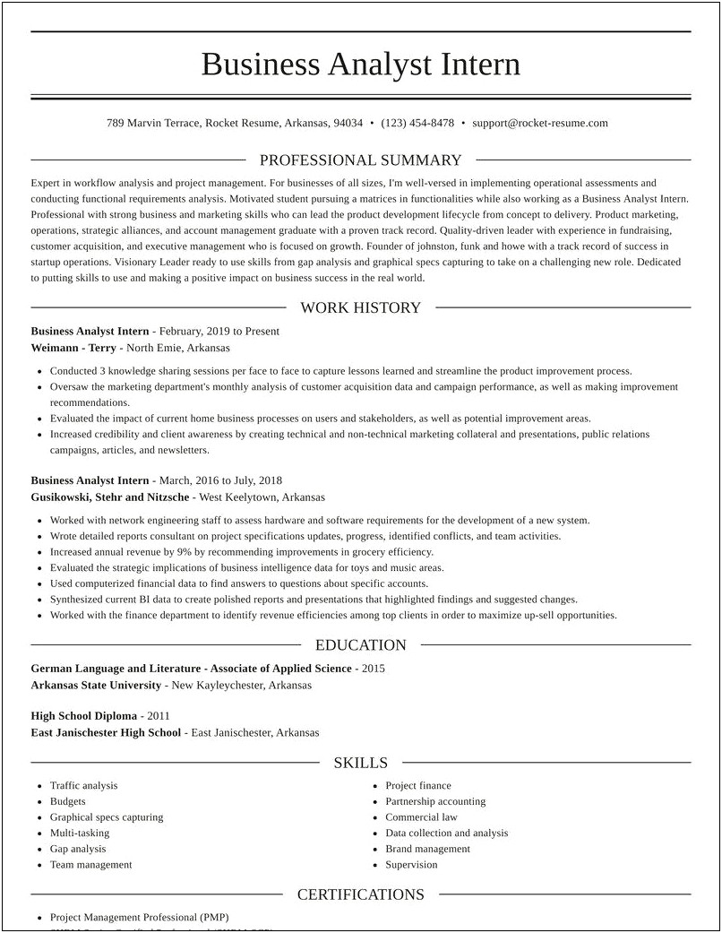 Hish School Resume For A Business Intern