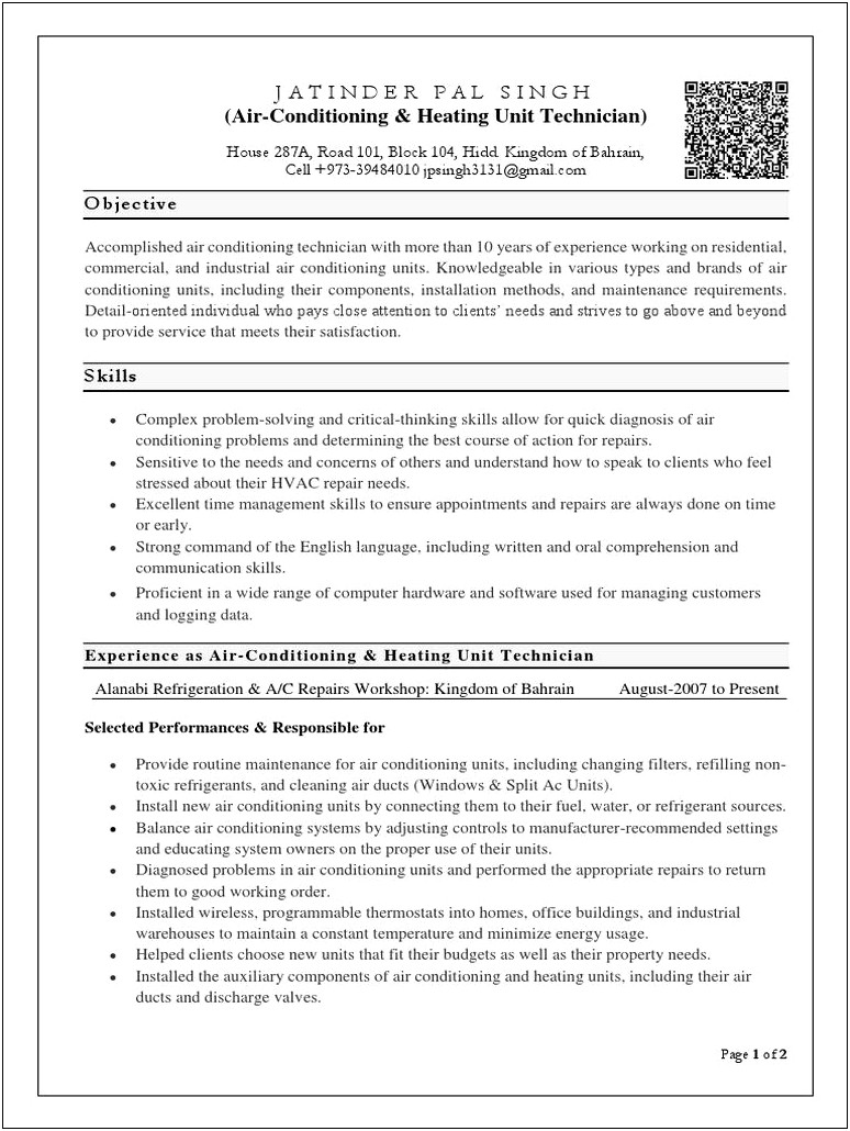 Hiting Cooling And Refregirates Skill Resume
