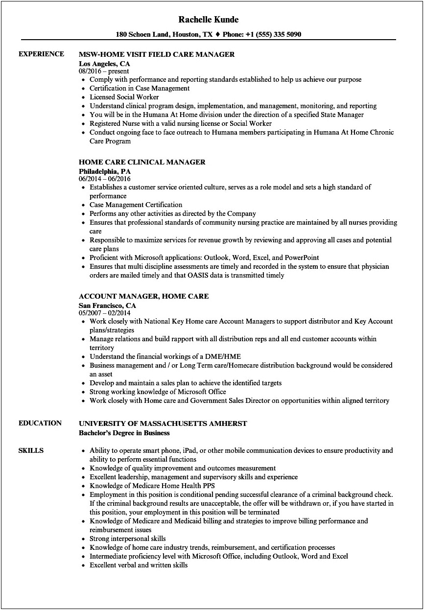 Home Care Meeting Manager Resume Samples