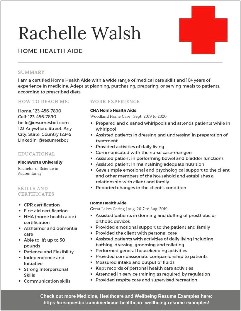 Home Health Care Resume Work Experience