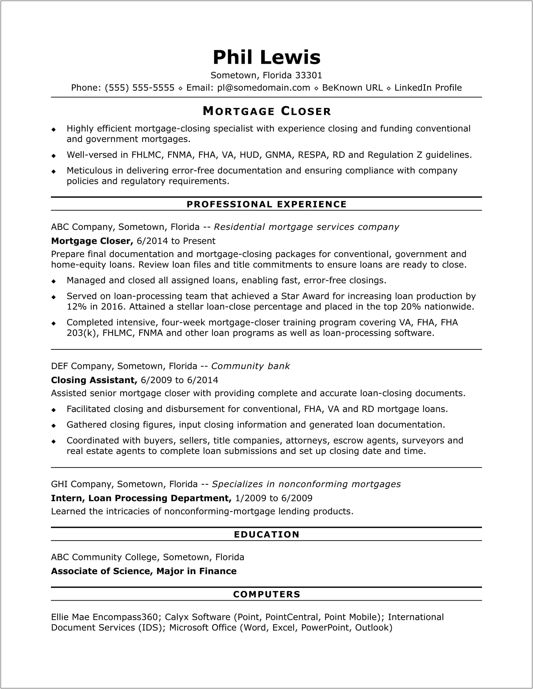 Home Loan Officer Job Description For Resume