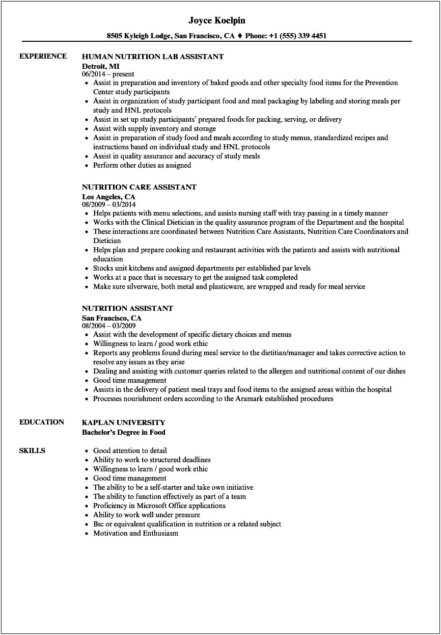 Hospital Food Service Worker Resume Sample