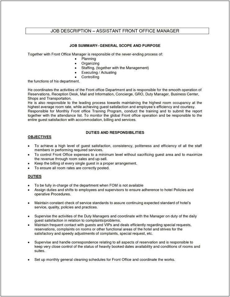 Hotel Front Office Manager Resume Objective