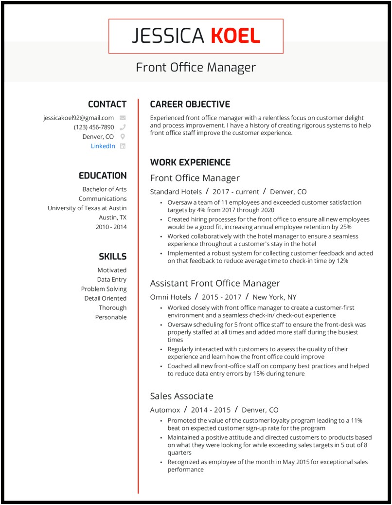 Hotel Front Office Manager Resume Templates