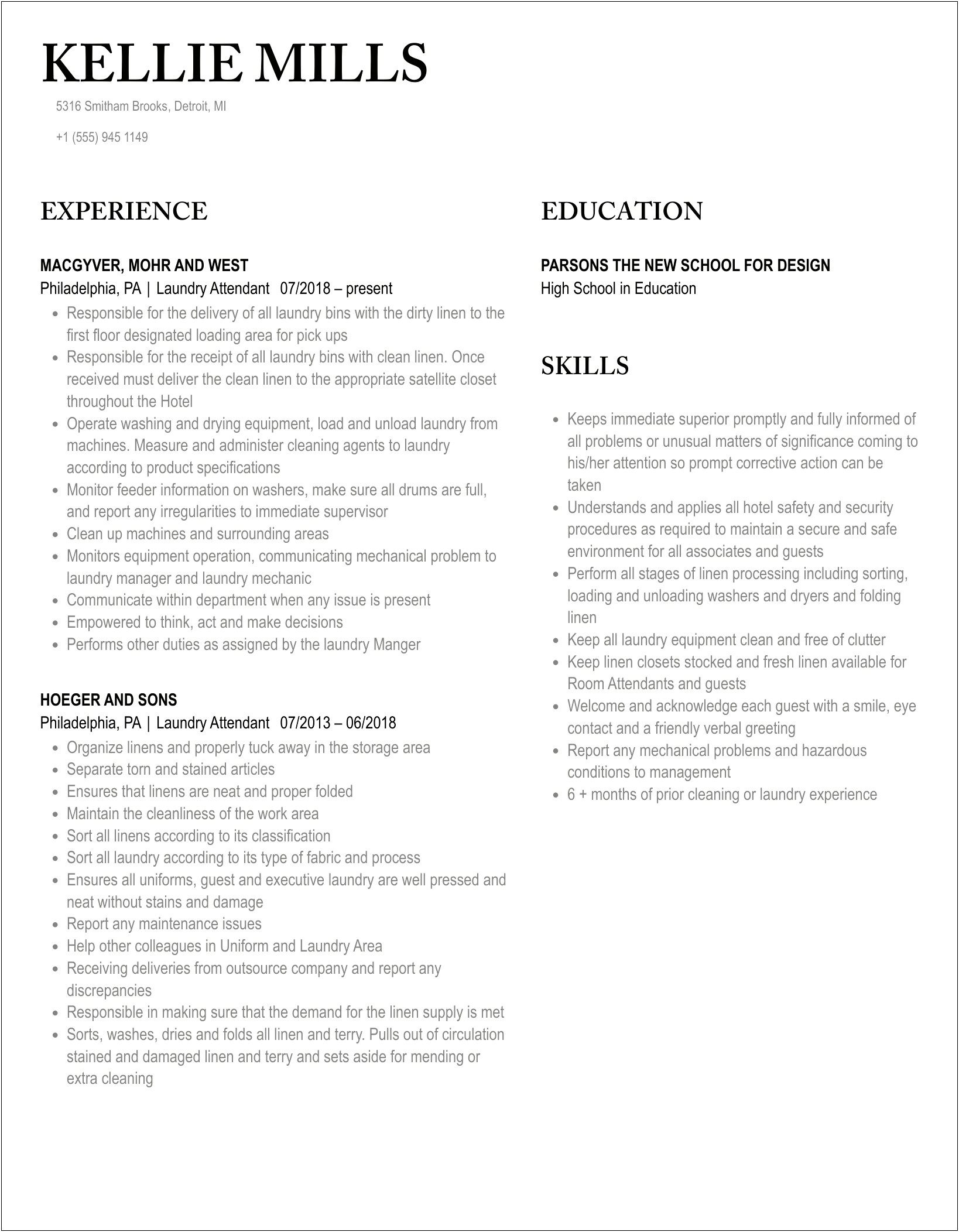 Hotel Laundry Attendant Job Description Resume