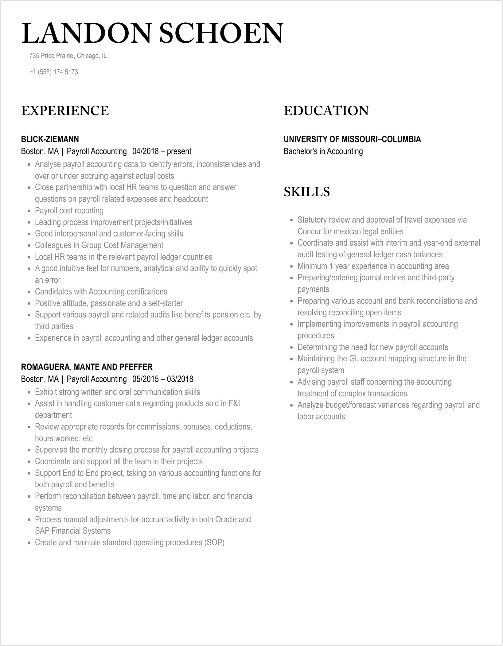 Hotel Payroll General Accountant Job Description For Resume