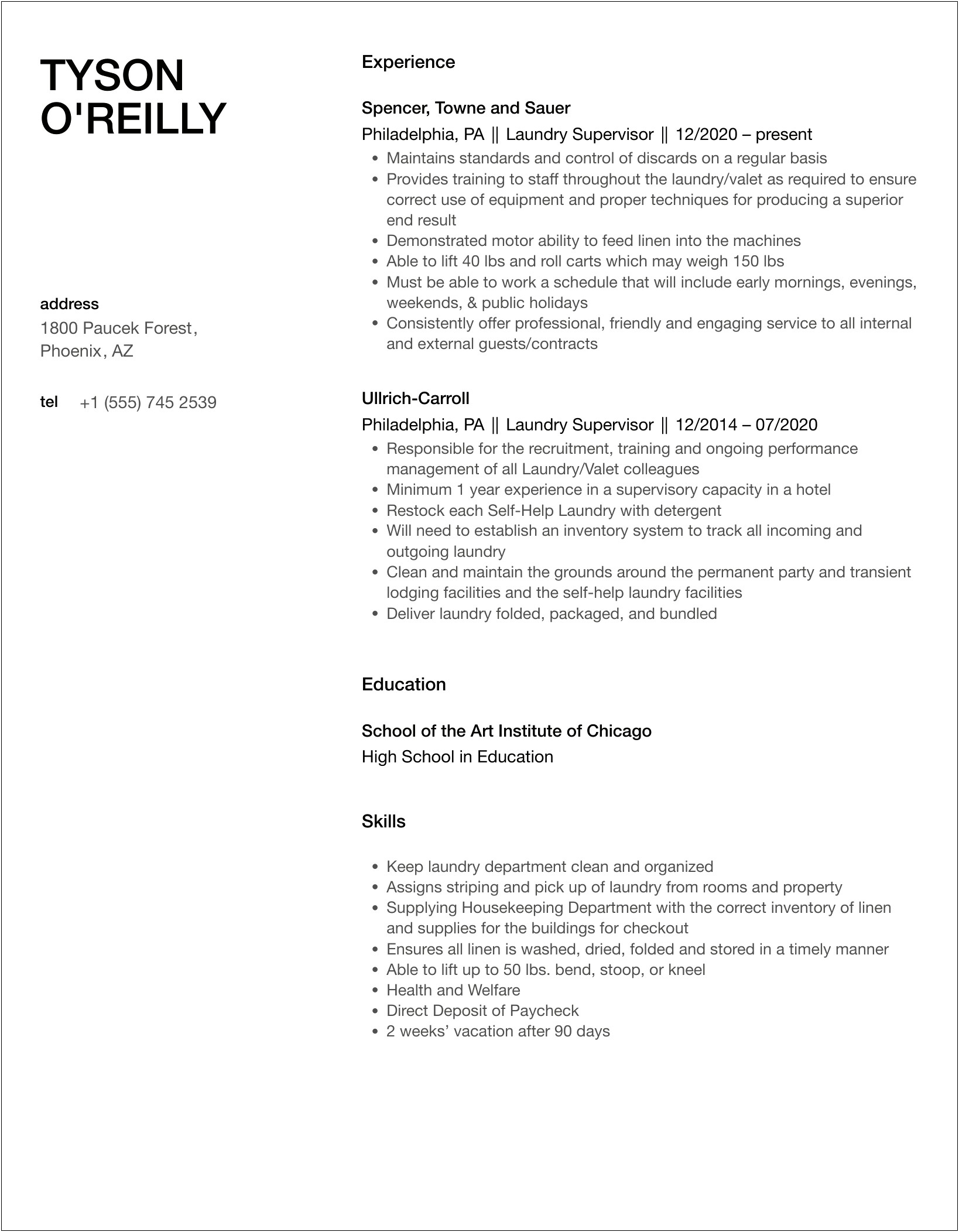 Houskeeping And Laundry Supervisor Resume Sample