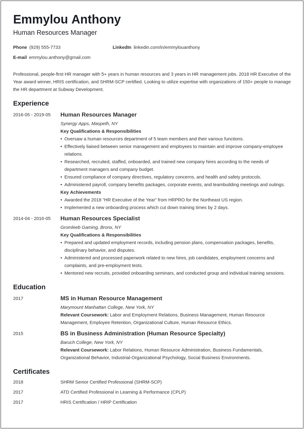 Hr And Admin Manager Resume Format