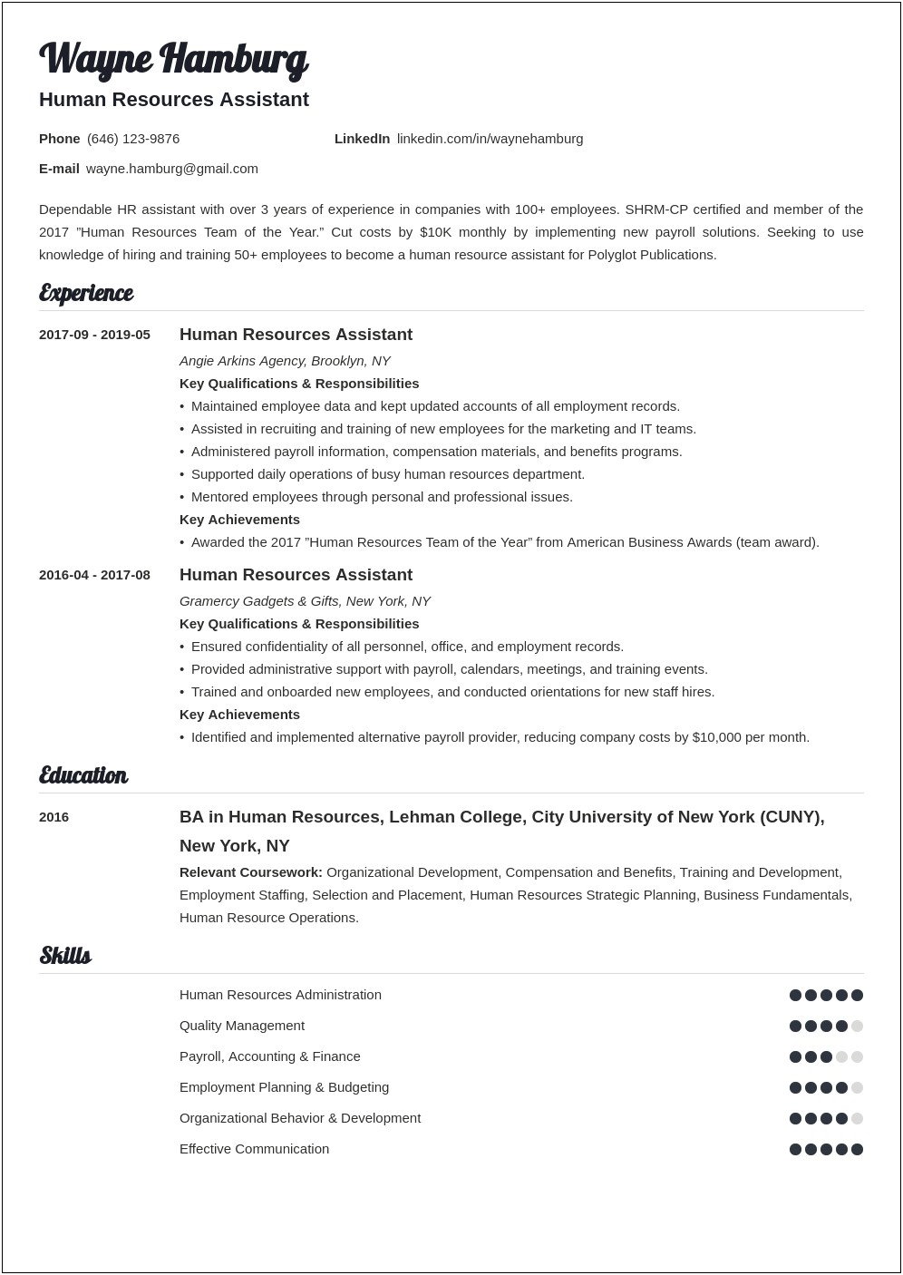 Hr Assistant Job Description Sample Resume