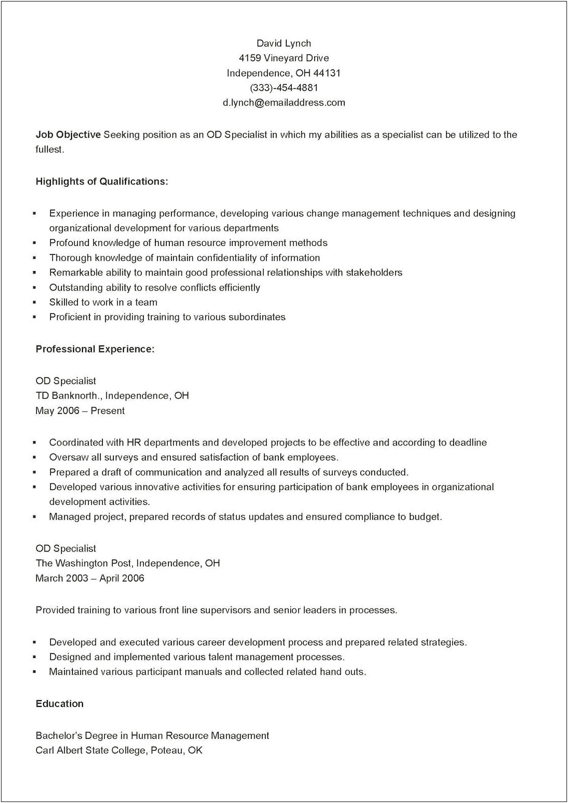 Hr Generalist Entry Level Resume With No.experience