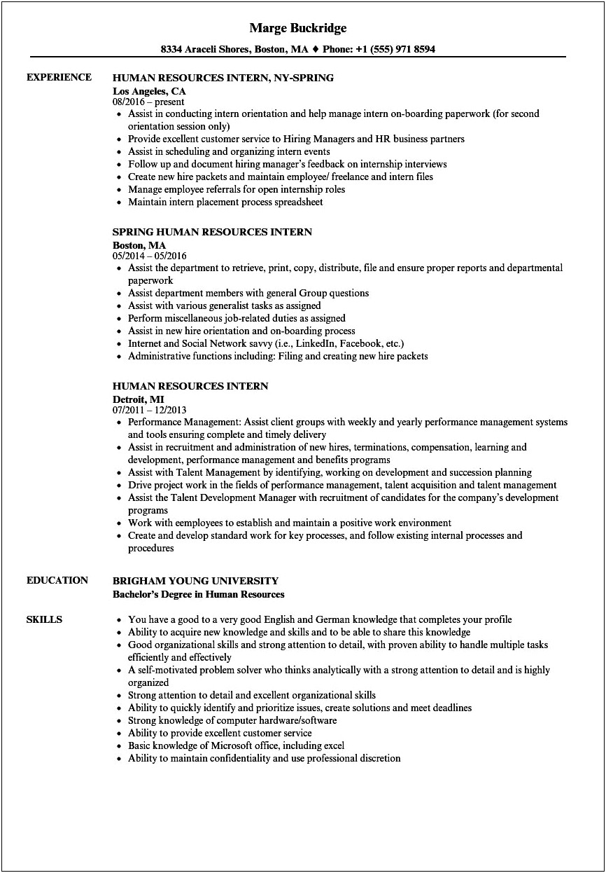 Hr Internship Resume With No Experience